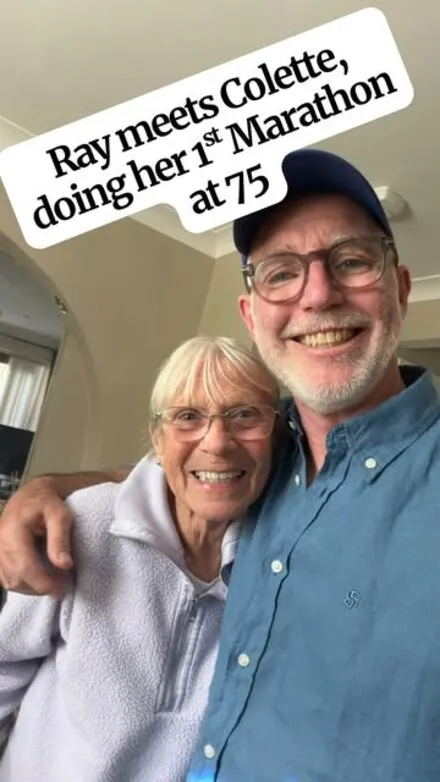 Instagram reel from 15 Sep 2026: Ray meets Colette, running her first marathon at 75